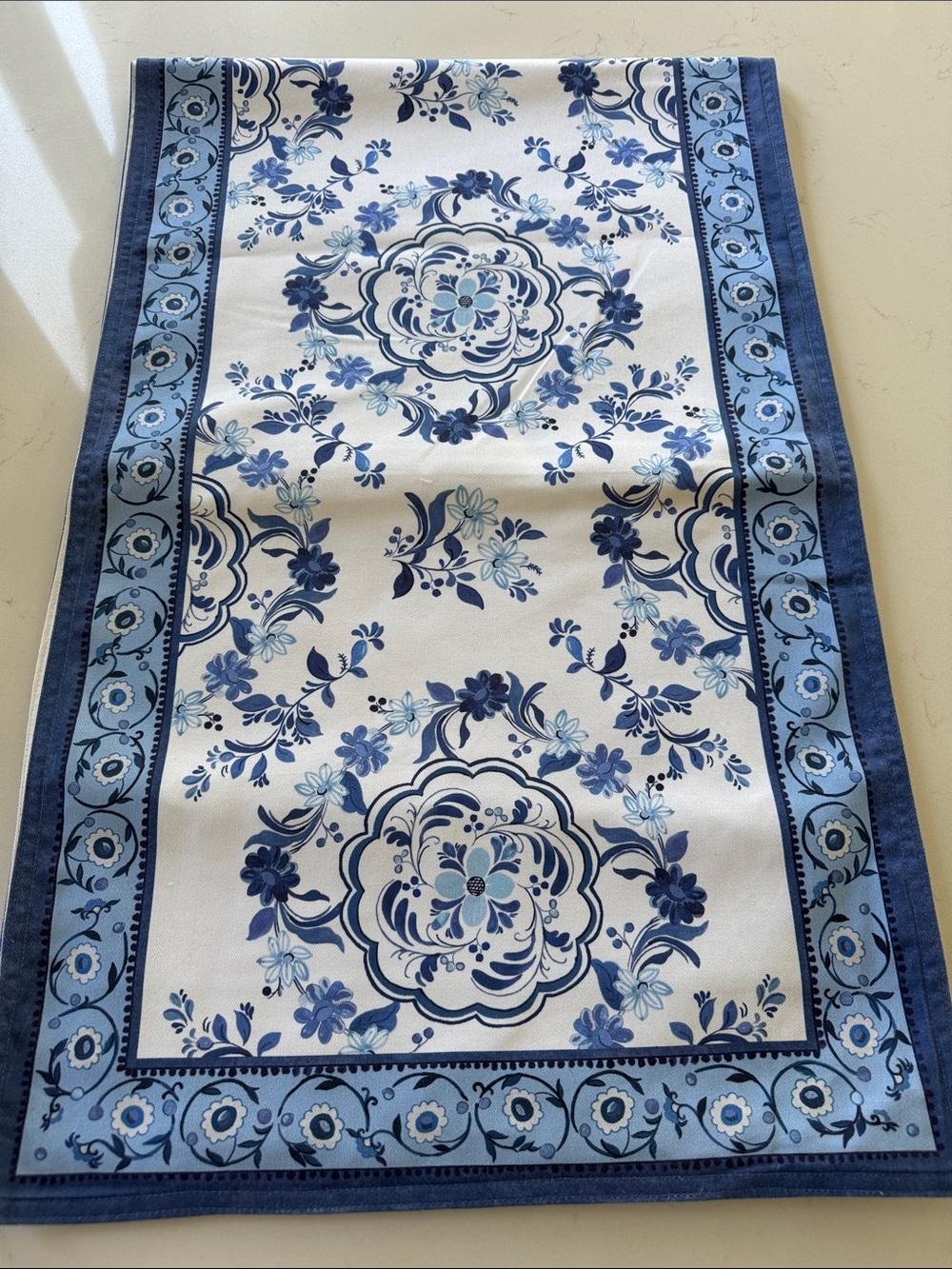 Williams Sonoma Blue Floral Cotton Table Runner - Classic Dining Accent 108"x17"